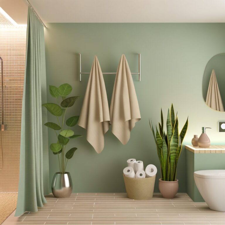 Ein modernes Badezimmer mit frischen Handtüchern, einem stilvollen Duschvorhang, Zierpflanzen und elegantem Licht, das kreative und kostengünstige Verbesserungsideen unter 100 Euro präsentiert.