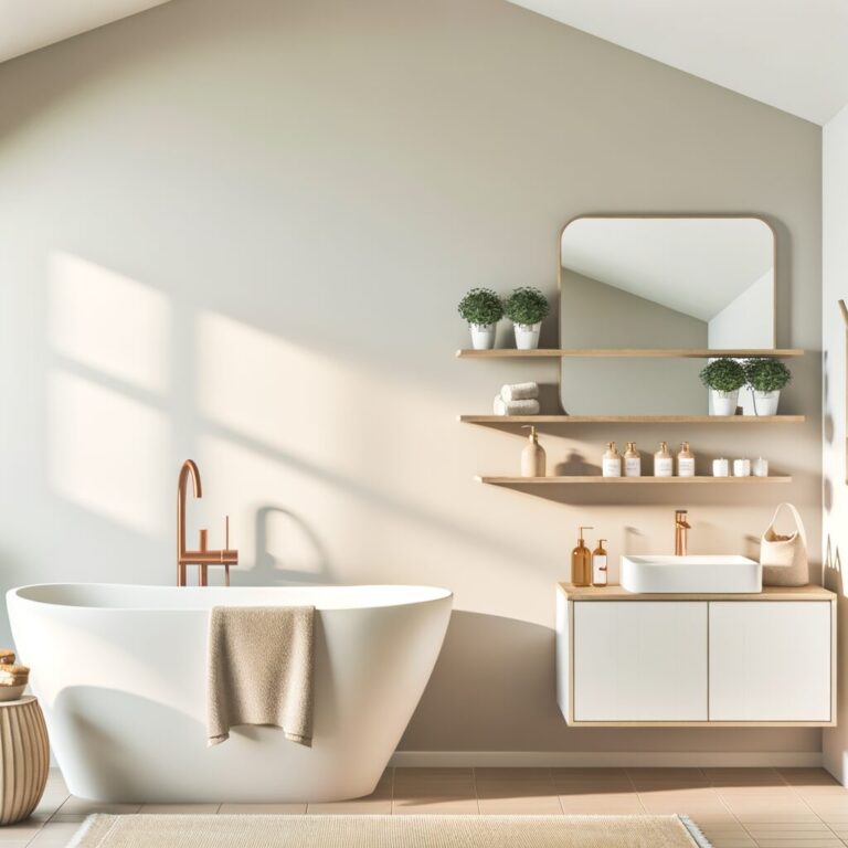 Modernes Badezimmer mit freistehender Badewanne und eleganten Design-Elementen für entspannende Wellness-Atmosphäre