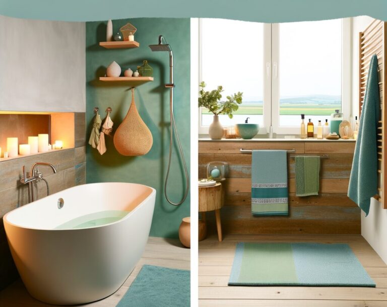 Modernes Badezimmer in beruhigenden Farben, das kleine Räume in eine Wellness-Oase verwandelt, mit eleganter Badewanne, Pflanzen und stilvoller Beleuchtung.