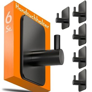 Hochwertige Handtuchhalter ohne Bohren, schwarz - 6er-Set Badezimmer Handtuchhalter, Klebehaken aus Edelstahl für Bad, WC und Küche