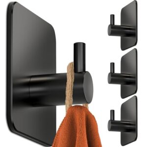 Handtuchhalter ohne Bohren, 4er Set, Schwarze Edelstahl Klebehaken als Handtuchhaken, wasserdichte Haken selbstklebend für Badezimmer und Küche