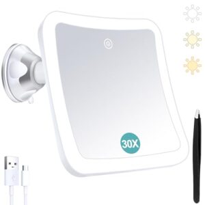 Beleuchteter Make-up-Spiegel mit Touch Control und Saugnapf, 30-fache Vergrößerung, Wiederaufladbar, 360° Drehbar, ideal fürs Badezimmer und Reise
