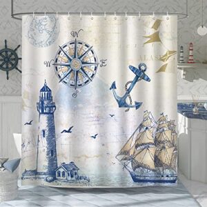Bonhause Duschvorhang Maritim Nautische Anker Leuchtturm Segelboot 180 x 180 cm Anti-Schimmel Wasserdicht Polyester Stoff Waschbar Bad Vorhang für Badzimmer mit 12 Haken