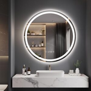 Moderner Badspiegel mit integrierter Beleuchtung und Uhr, runder Spiegel in 60x60 cm Größe, 3 Lichtfarben und Dimmbarkeit, Beschlagfrei, ideal für kleinere Räume
