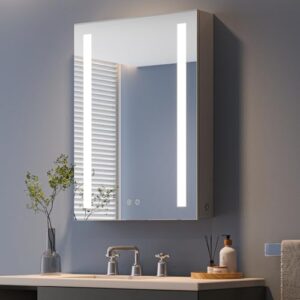 Spiegelschrank für das Badezimmer mit Beleuchtung, poliertem Stahlkorpus und Glasablage
