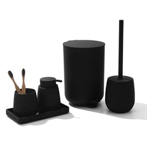 Vollständiges Badezimmer-Set mit 5 Teilen, moderne und elegante Design, langlebige Materialien, Seifenspender, Zahnbürstenhalter, Schminktablett, Klobüste und Müllbehälter für Bad