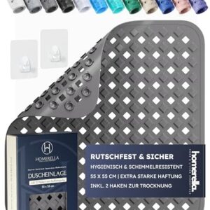 Rutschfeste Duschmatte aus 100% BPA-freiem Material, inklusive zwei selbstklebenden Haken für trockenes Aufhängen und Antirutsch-Spezialstruktur auf der Oberseite