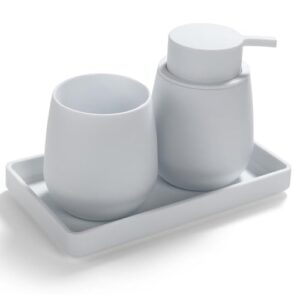 Badezimmer-Set mit modernem Design, weißer Farbe, minimalistische Optik, matte Oberfläche, Seifenspender, Zahnbürstenhalter, Tablett für Badezimmer Organisation