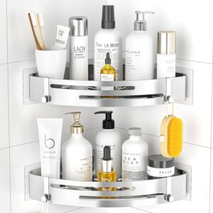 Duschregal für das Badezimmer, Edelstahl 2 Stück, Selbstklebend, Mit 4 Haken, Schönheitsprodukte wie Shampoo und Duschgel aufbewahren, Silberfarbe