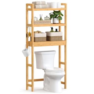 SONGMICS Toilettenregal, Badezimmerregal, Waschmaschinenregal, 3-stöckiges Badregal aus Bambus, verstellbare Ablage, für die meisten Toiletten, platzsparend, naturbeige