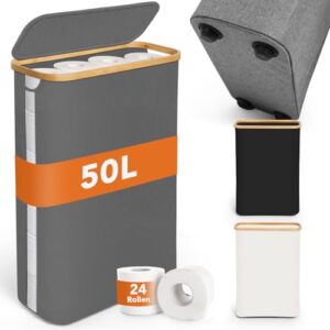 Toilettenpapier-Aufbewahrungskorb aus Bambus mit Deckel, 50L Kapazität, ideal für 16-24 Rollen Toilettenpapier, Sichtbarkeit und Organisationsfähigkeit im Badezimmer