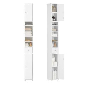 Bad Hochschrank mit verstellbaren Ablagen, Badschrank, Badzimmerschrank, schmal platzsparend, Badregal, Badmöbel, Badezimmer, Weiß, ca. 20x180x20cm, BZR34-W