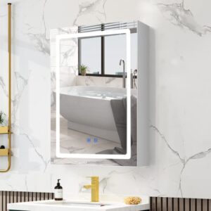Spiegelschrank Bad mit LED Beleuchtung, moderner Spiegelschrank für Badezimmer mit LED-Licht, verstellbare Ablage und wasserdicht, ideal für kleinere Räume, 50 x 70 x 15 cm (B/H/T)