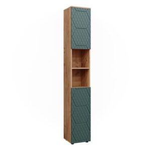 Vicco Badschrank Irma, Badezimmerhochschrank aus Goldkraft Eiche/Grün, 30 x 192 cm mit offenen und geschlossenen Fächern für optimalen Zugriff auf Artikel und Kompatibilität mit anderen Produkten der Irma-Kollektion