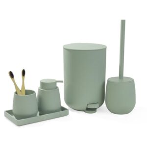 Elegantes Badezimmer Set mit modernem und minimalistischem Design. Das 5-teilige Set enthält einen Seifenspender, Zahnputzbecher, Müllinger, Klobürste und Tablett.