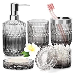 Hochwertiges Badezimmer Zubehör Set aus Glas, Seifenspender, Seifenschale, Zahnbürstenhalter und Wattestäbchen Kanister, perfekt für das Badezimmer von Hausbewohnern oder Hotels.