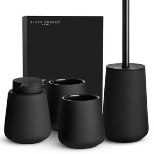 Hochwertiges Badezimmer-Set in schwarz - Keramik-Sets mit Seifenspender, Zahnputzbecher und Toilettenbürste - Nordic Design, Badaccessoires matt schwarz