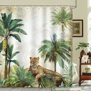 Duschvorhang aus Polyester mit Leopard-Design im Dschungel-Tropische-Palme-Stil, 180 x 180 cm groß, wasserdicht und anti-schimmel, leicht zu waschen und einbauen für Badzimmer