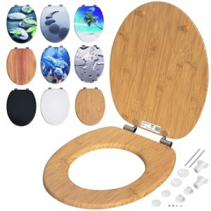 Toilettendeckel mit doppelter Absenkautomatik, MDF-Holzkern, rostfreie Metall-Scharniere, WC-Sitz 175kg Belastbar, Antibakteriell, Bambus-Optik