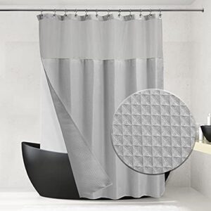 Hotel-Stil Duschvorhang mit Waffelgewebe, graues Duschvorhang-Set für Badezimmer und durchsichtiges Fenster, doppellagig für einfache Reinigung und waschbar, 180 x 183 cm, Grau