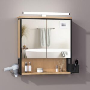 EUGAD Spiegelschrank Bad mit Beleuchtung, Badezimmerschrank mit Spiegel, hängender Badschrank mit Verstellbarer Ablage Halter Korb aus Metall MDF schwarz + helle Eiche