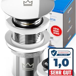 FEINER Universal Ablaufgarnitur Waschbecken ohne Überlauf für Waschbecken & Waschtisch aller Art ohne Überlauf - Stöpsel herausziehbar mit Haarfänger, GRATIS Ersatz Dichtungen & Einbau mit Anleitung
