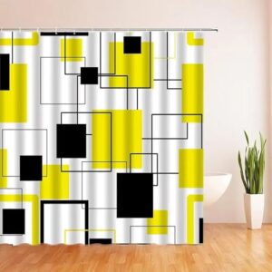 Gelb-schwarzes geometrisches Duschvorhang-Set, abstrakt, kariert, streifenförmig, modernes Design, künstlerisch gestaltet, für Badezimmer oder Dusche geeignet