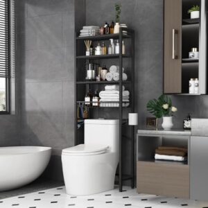 Kalrin Toilettenregal: Ein 4-stufiges, verstellbares Multifunktionsregal für das Bad mit Aufbewahrungskörbern und Platz sparte WC-Regal, leicht zu montieren in schwarz