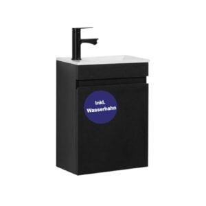 Kleiner Waschtisch mit Unterschrank und Wasserhahn in schwarz für Gäste-WC, minimalistischer und zeitloser Stil, vormontiertes Badmöbelset