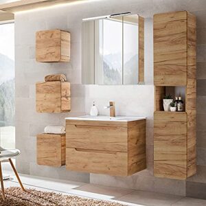 Lomadox Badmöbel Komplettset Eiche, Keramik-Waschtisch mit Untererschrank und LED-Spiegelschrank, Hochschrank und 3 Hängeschränken für ein modernes Badezimmer