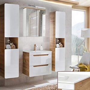 Lomadox Badmöbel Komplettset, Hochglanz weiß mit Wotan Eiche NB., 61 cm Keramik-Waschtisch & LED-Spiegelschrank & 2 Hochschränke