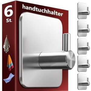Menz Handtuchhalter ohne Bohren, 6 Stk., selbstklebend, Edelstahl, bombenfester Halt, Badezimmer Accessoires