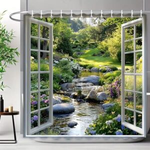 Natürlicher Duschvorhang mit modernem Badezimmerdesign, Blumen und Wasser im Garten