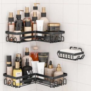 Duschablage Ecke mit Haken, Badezimmer Regal, Rostfrei Schwarz Duschregal für Shampoo und Duschgel, Badezimmer Organizer für Bad und Küche