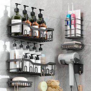 Duschablage ohne Bohren, 6 Stück Badezimmer Regal mit Haartrocknerhalter und Haken aus Edelstahl, Duschkorb Wandhängend, Selbstklebendes Badezimmer Organizer für Bad und Küche in Schwarz