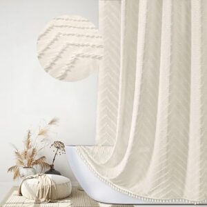 Boho Duschvorhang Set mit cremefarbener, gewebtem Stoff und Chevron Muster, ideal für Badezimmer