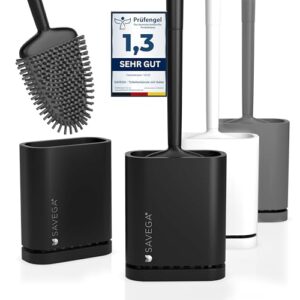 Silikon Klobürste mit flachem und biegsamem Kopf - Moderne WC Bürste für die Wandmontage ohne Bohren - Schwarze Toilettenbürste aus Silikon - schnell trocknender Halter - 1er Set