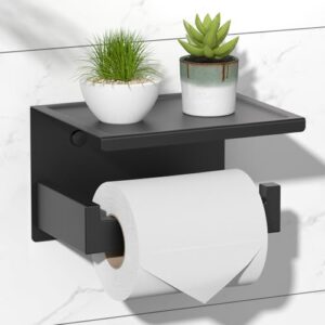 Toilett-Papierhalter ohne Bohren, Selbstklebender Klopapierhalter mit Ablage und Edelstahl WC Papier Halterung Rollenhalter mit Kleber für Badzimmer Schwarz
