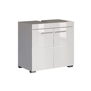 Moderner Waschbeckenunterschrank mit zwei Türen und Einlegeboden in Weiß Hochglanz für das Bad, Abmessungen 60 x 56 x 34 cm.