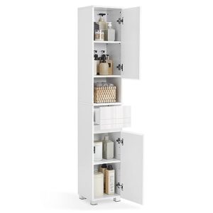 VASAGLE Badezimmerschrank mit Einer Schublade, klassische weiße Farbe, offenes Fach und verstellbare Ablagen für ein elegantes Badezimmer.