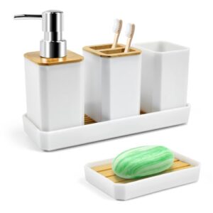 Badezimmer Zubehör Set aus Bambus und PS Material, 5 Stück, Weiß, mit Zahnbürstenhalter, Zahnputzbecher, Seifenspender und Schminktablett