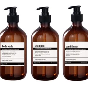 Abriclo 3er Seifenspender Set, 500ml Seifenspender Dusche Pumpspender Nachfüllbarer Kunststoff-Lotionsspender mit Wasserdichten Etikett für Dusche/Küche/Badezimmer Braun