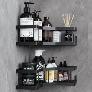 Duschablage ohne Bohren, 2Pcs Duschregal mit Kleber, schwarze Shampoo Halterung für die Dusche, rostbeständiger Duschkorb für das Badezimmer