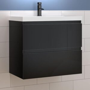 Aica Sanitär Waschtisch mit Unterschrank 60cm Alast Badmöbel Set Hochglanz Schwarz Dick Waschbecken mit Unterschrank MDF Softclose
