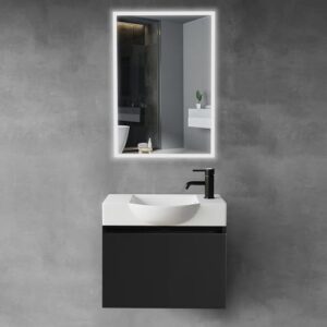 Badmöbel Set mit Waschbecken, Hängendem Badschrank und Waschtisch mit Unterschrank für kleine Bäder und Gäste WC. Elegantes Design, LED-Spiegel mit Touch-On-Off-Funktion.