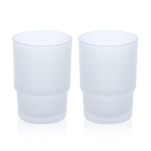 Zwei matte Glas-Zahnputzbecher im 2er-Set, ideal für Familien und moderne Badezimmer mit Platzsparend stapelbar & wandmontierbar. Borosilikatglas, bruchfest und perfektes Fassungsvermögen von 225 ml.