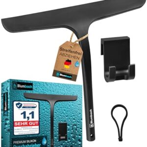 BLUMBACH Duschabzieher schwarz, Abzieher Dusche mit Halterung 28 cm breit, Fensterabzieher Silikon mit Edelstahl Kern, Dusch Abzieher Wischer, Duschwand Abzieher, Flitsche Dusche, Glasabzieher