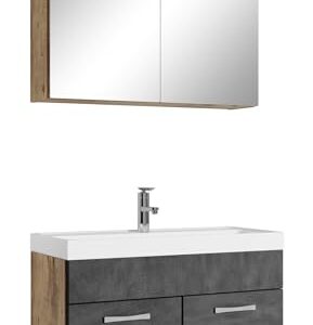 Umfassendes Badezimmer-Möbelset mit Waschbecken, Spiegelschrank und Schrank aus hochwertigem Spanplattenmaterial in Kastanien-Eiche-Farbe mit Dunkelgrau. Perfekt für kleine Bäder oder als Ergänzung zu bestehenden Möbeln.