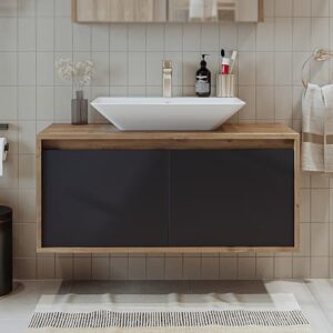 Modernes Badezimmermöbel Set Atlantic 4-teilig, anthrazit Eiche-Massivholz, Keramik-Waschanlage und Unterschrank, Spiegelschrank und Hochschrank für ein edles Bad