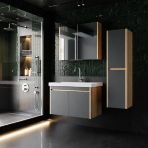 Komplettprogramme Badezimmermöbel Set Dallas 80 cm mit Keramikwaschbecken, Spiegelschrank und Unterschrank für ein modernes und stilvolles Bad.